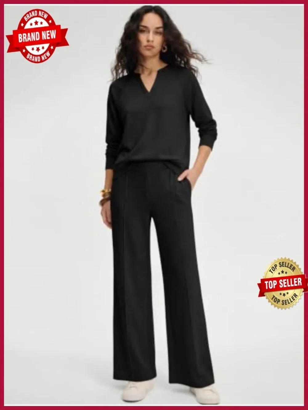 Women's 2 Piece Lounge Set - V Neck Top & Wide Leg Pants, Wrinkle-Free Travel
